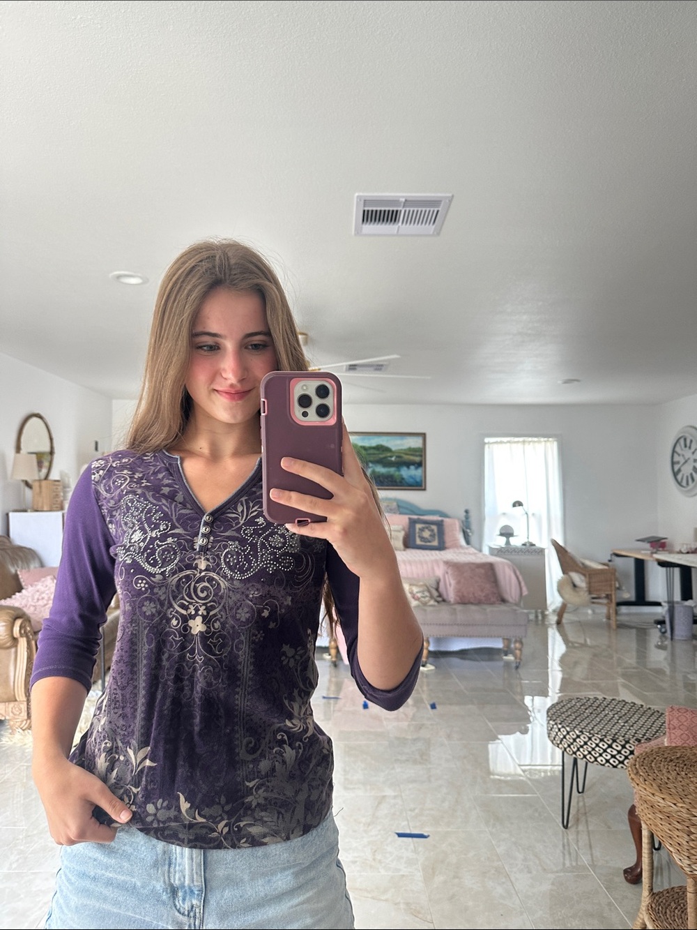 Women’s Purple Ornate V-Neck Long Sleeve Tee by
